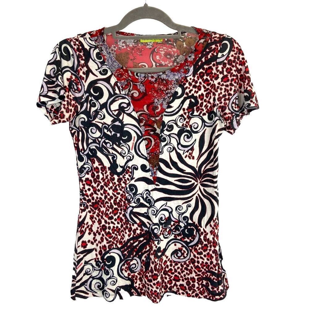 VERSACE JEANS T Shirt Women’s 4‎ Animal print Short Sleeve Mesh Whimsical Y2K